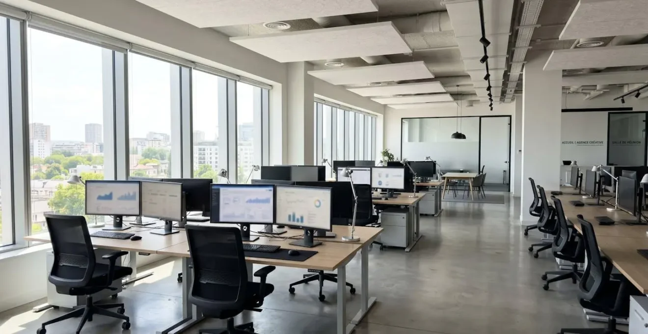 Intérieur d'agence marketing moderne avec bureaux vides, plusieurs écrans affichant des tableaux de bord floutés et larges fenêtres lumineuses