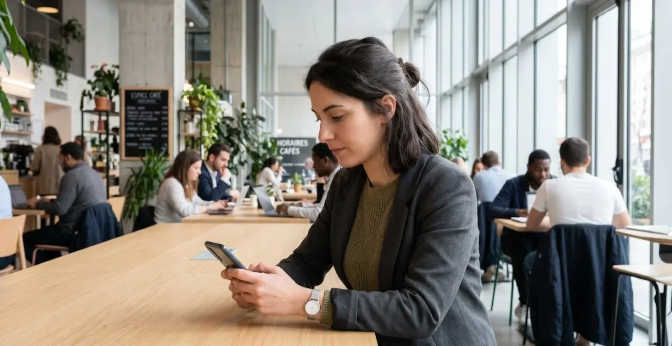 Jeune professionnel dans la trentaine utilisant son smartphone de profil dans un espace de coworking moderne et lumineux