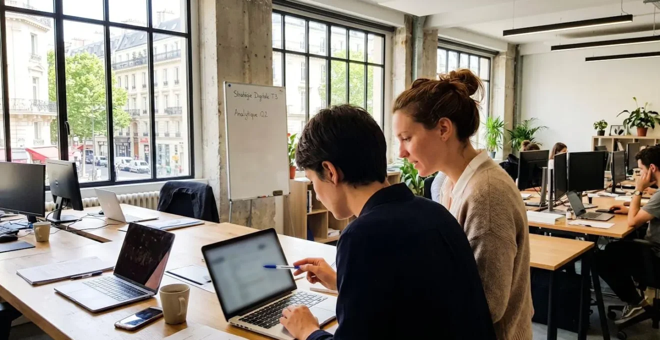 Deux professionnels en discussion autour d'un ordinateur portable dans un bureau moderne et lumineux