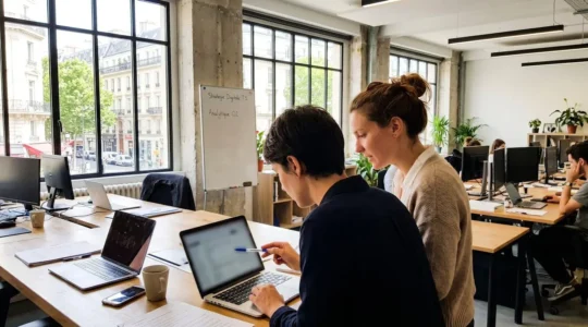 Deux professionnels en discussion autour d'un ordinateur portable dans un bureau moderne et lumineux