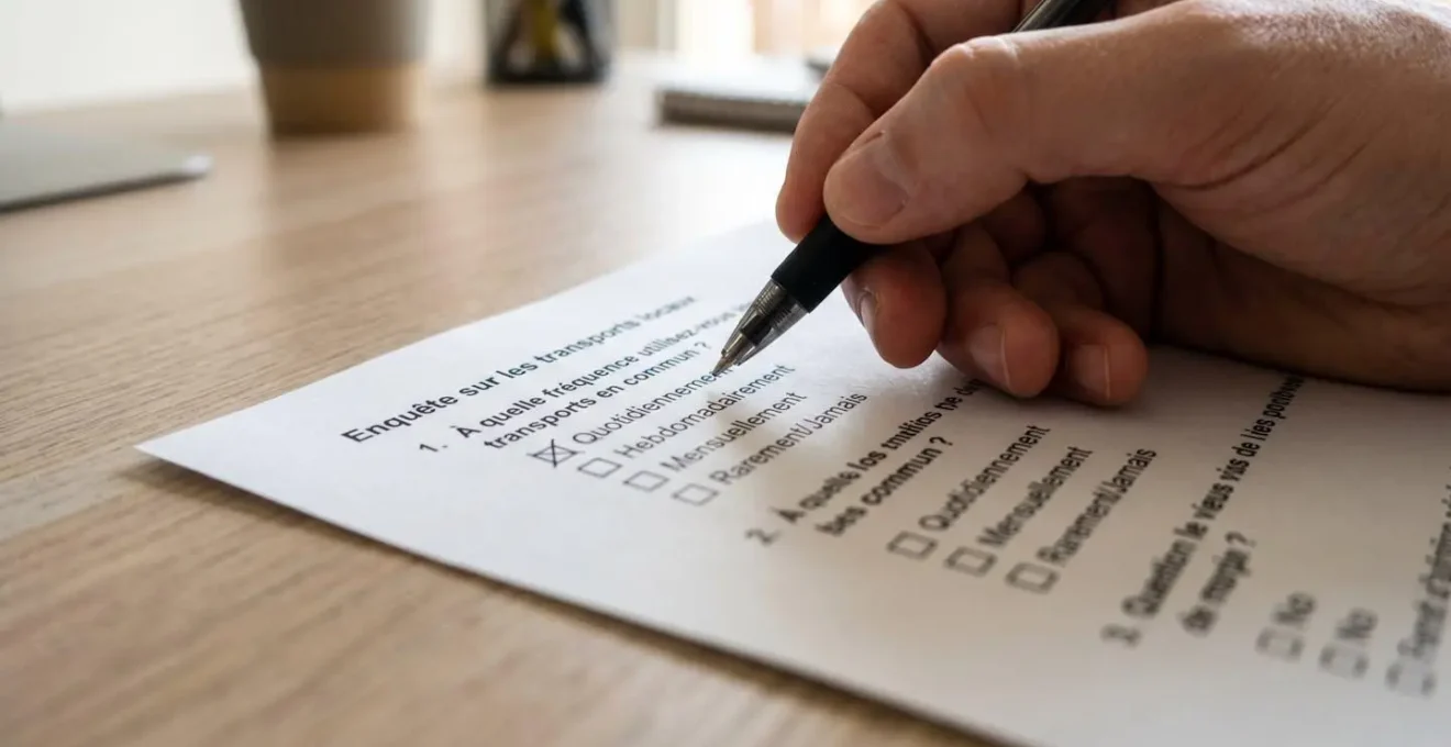 Gros plan extrême sur un questionnaire papier avec une case cochée au stylo, seule la première question est nette