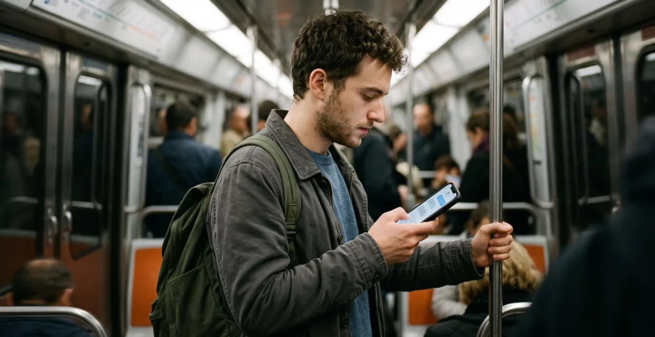 Un jeune homme utilise un assistant IA sur son smartphone debout dans une rame de métro.