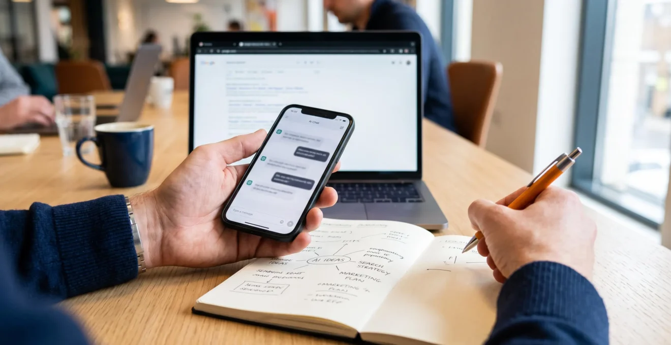Gros plan sur des mains tenant un smartphone avec un assistant IA au-dessus d'un carnet de notes, un ordinateur en arrière-plan.